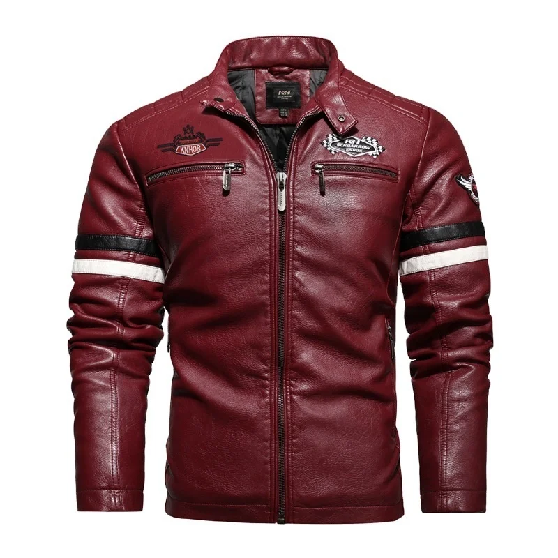 

Men's autumn and winter leather clothing embroidery color matching motorcycle jacket thin single layer young men's coat