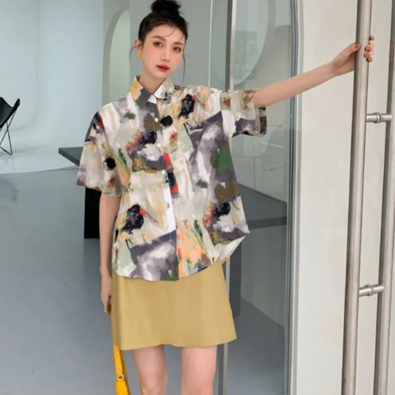 

Женская Свободная блузка с коротким рукавом, с отложным воротником и принтом, большие размеры, лето 2022