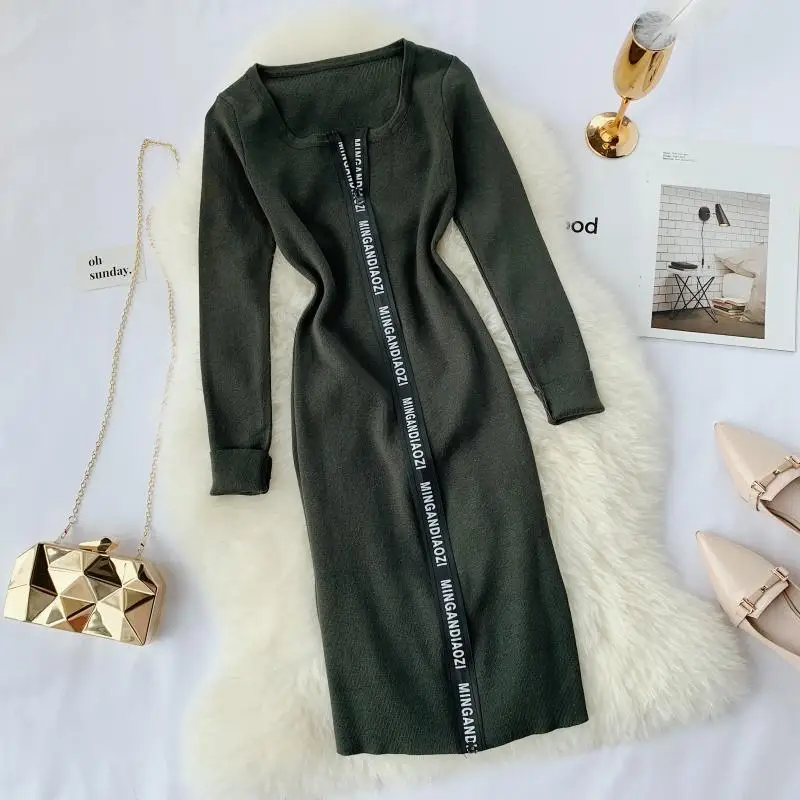 YornMona Women Designer Casual Dress Letter Zipper O-neck Knitted Bodycon Dress Winter Elegant Ladies Office Dress Vestidos