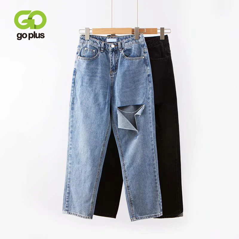 

GOPLUS Boyfriends Jeans Woman Hole Mom Jeans High Waist Ripped Black Blue Jeans Korean Style Denim Harem Pants Ropa Mujer C9862