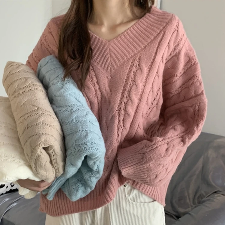 

Oversized Korean Style Elegant Wild Pink Lady Tops New 2020 Autumn Winter Women's Sweaters V-Neck Pullover Warm