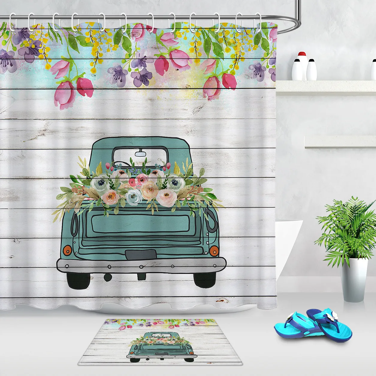 

Зеленый деревенский грузовик Цветочный Ткань занавеска для душа s акварель цветок деревенский деревянный дощатый Водонепроницаемый Ванна...