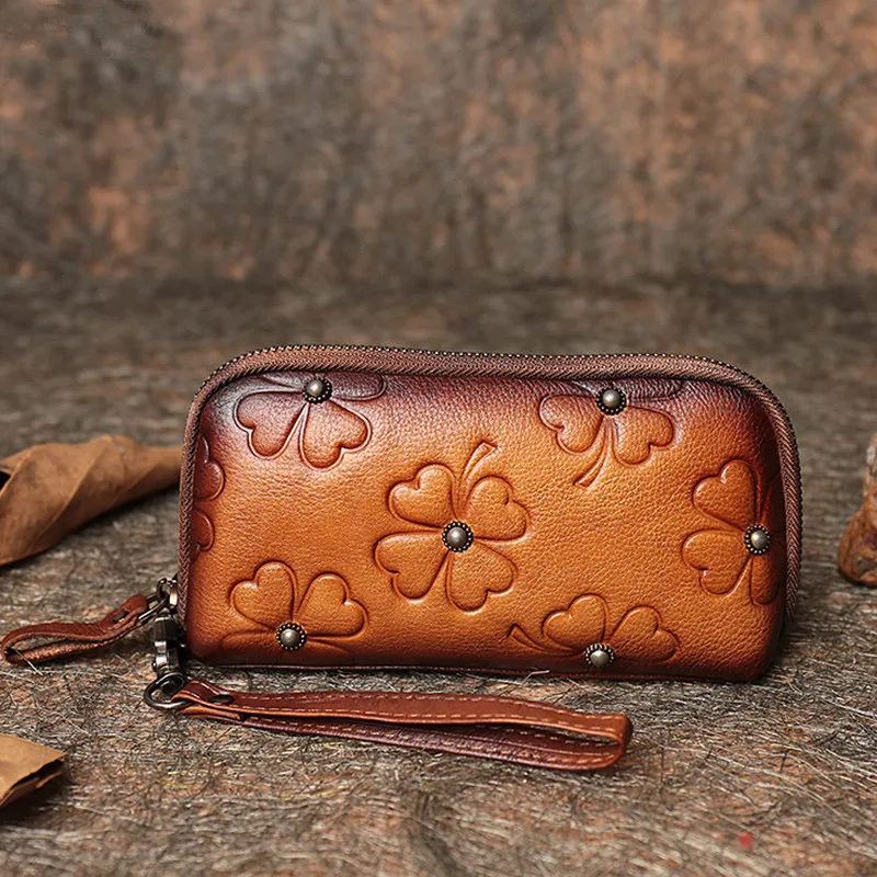 Винтажный замшевый Женский Длинный кошелек на молнии ручная роспись клатч с