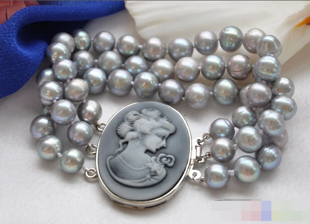 

3row 8" GRAY ROUND FRESHWATER PEARL BRACELET