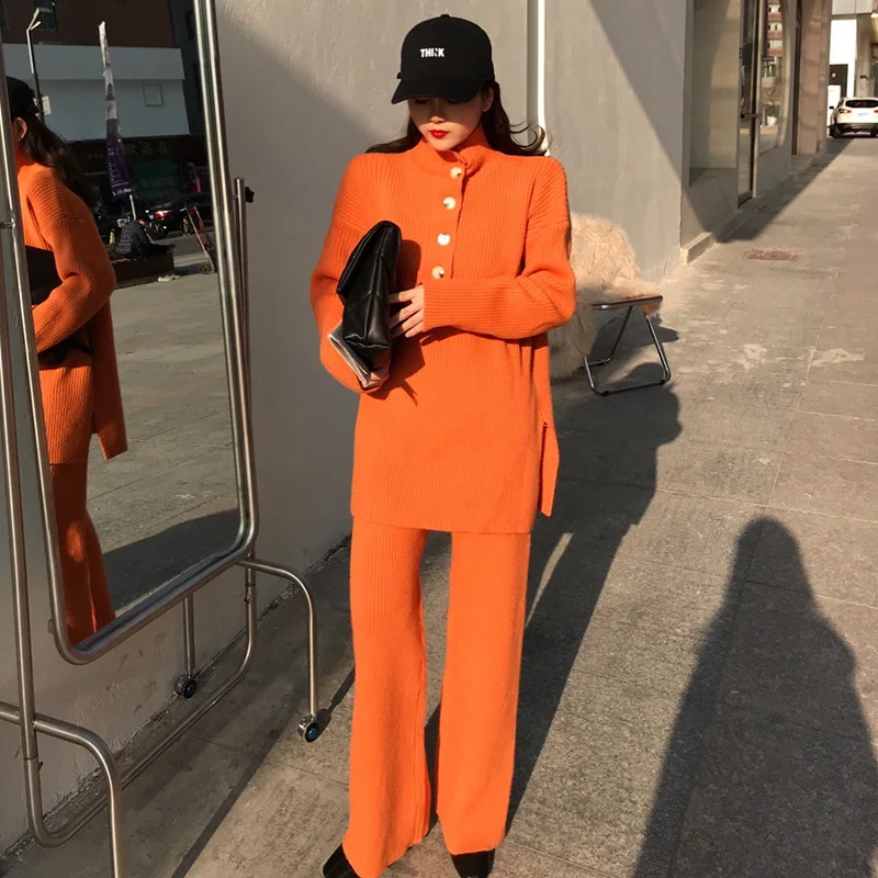 

Korean Style 2021 Cute lovely Women 2 Piece Pants Sets Oversized Cashmere Sport Knitted Tracksuits 1509
