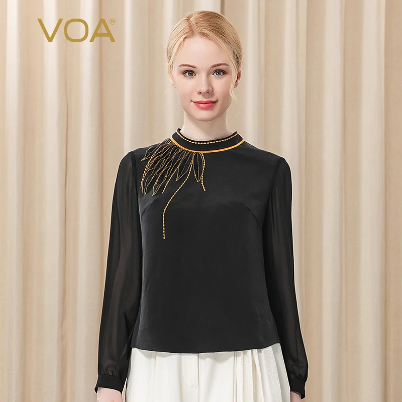 

VOA 30m/m Black Silk Tops Half-height Collar Perspective Long Sleeve Tees Organza Stitching Arch Needle Technology T-shirt BE236