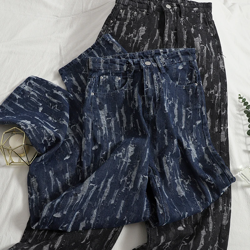 

Новинка осени 2021, элегантные женские джинсовые брюки в Корейском стиле с завышенной талией, модные тонкие широкие брюки
