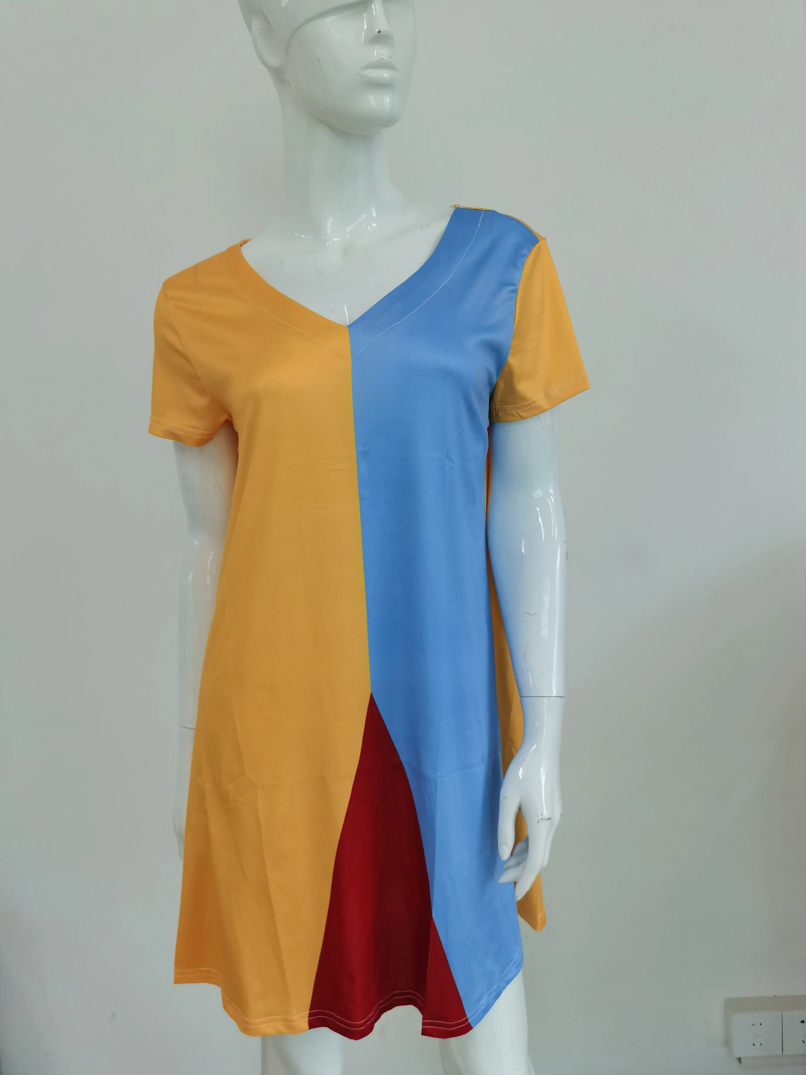 

Womens matching color fashion casual dresses Ladies Loose V Neck Ruched Short Sleeve Tank Shirt Street Wear Mini Dress mujer