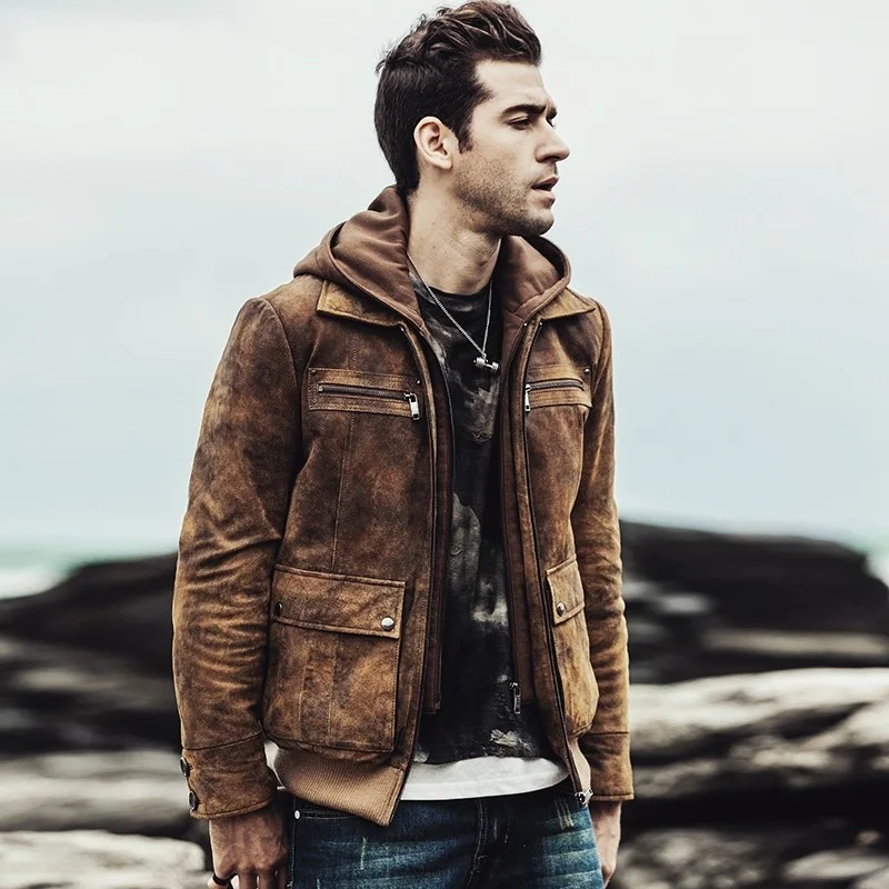 

Mens Winter Real Pigskin Leather Jacket Casual Thick Padded Warm Hoody Bomber Jacket Slim Fit Genuine Leather Coat Plus Size 5XL