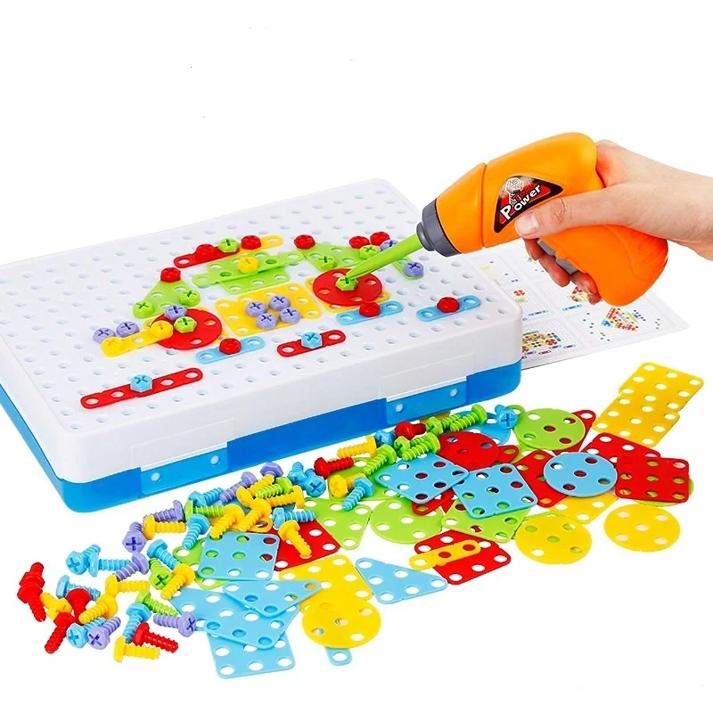 

Children Drill Games Creative Mosaic Building Puzzle Set Intellectual Educational Toys Electric Screws Nuts Tools Kit for Boys