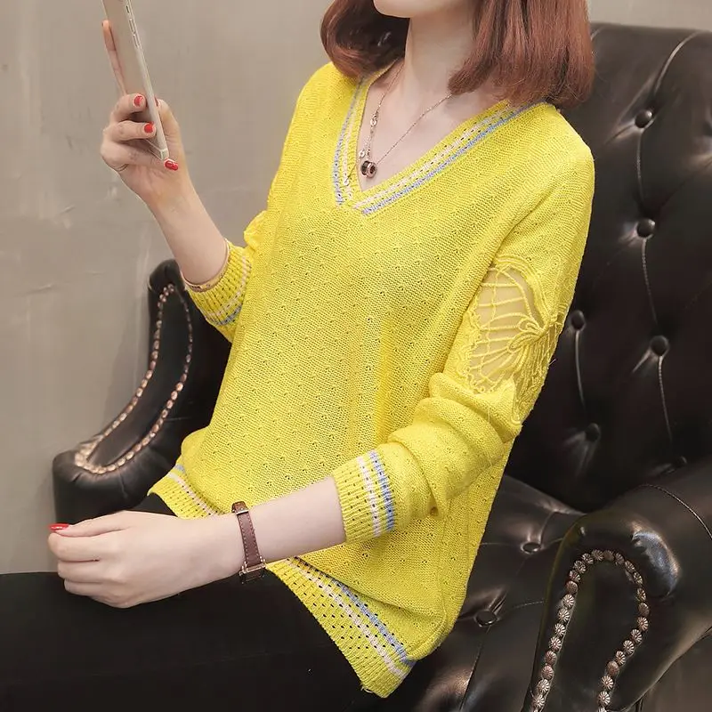 

Female Long Sleeve Knitted Pullover Hollow Out Long Sleeve V-Neck Spring Knitting Pull Jumper Women Fashion Pullovers Sweaters
