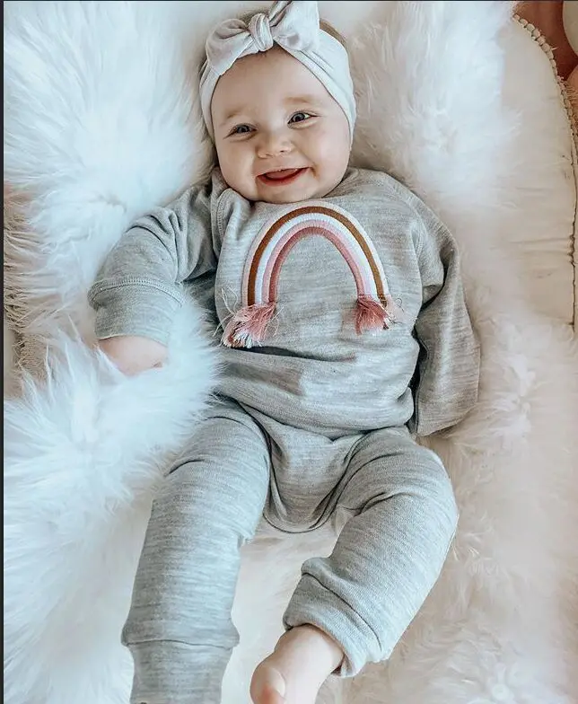 

2 Pcs Newborn Autumn Outfits Infant Long Sleeve Round Neck Rainbow Pattern Romper + Solid Color Trousers