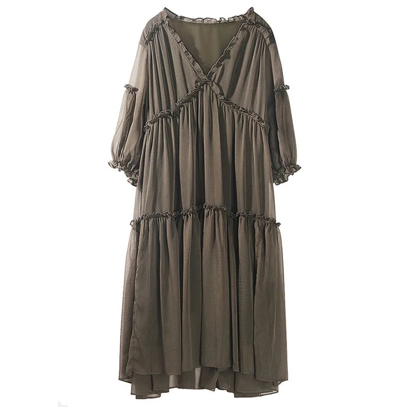 

Summer Ladies Elegant Chiffon Dress Cute Sweet Fairy Flare Dress Cascading Ruffles Beach Dress 4XL Plus Size Loose V-neck Robe