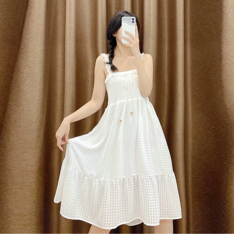 

Women Summer White Slip Flare Dresses Romantic Smock Shirring Design Knee Length Ruffle Spaghetti Strap One Piece Holiday Robe