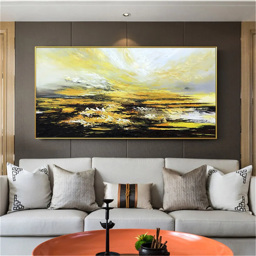 

modern 100%Hand-painted oil painting abstract landscape canvas painting Yellow halo sunrise picture for home living room decor
