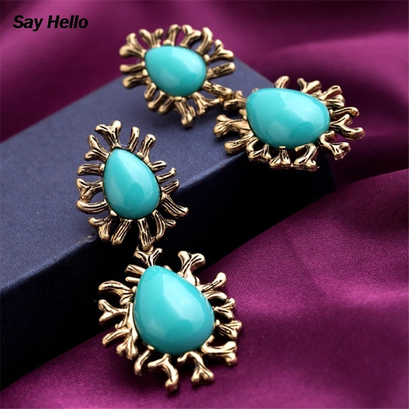 Женские сережки подвески SAY HELLO инкрустированные стразами из сплава бирюзового