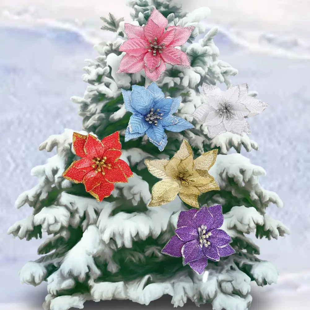 8 шт. искусственные цветы для украшения блестки Poinsettia поддельные DIY домашние