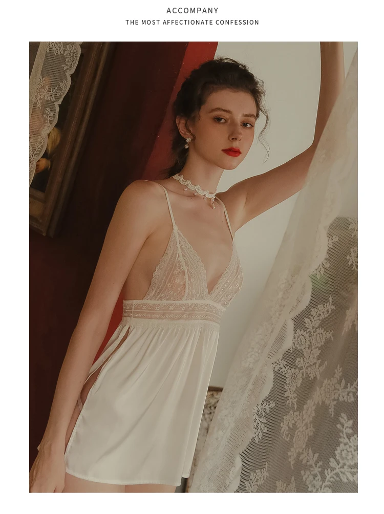 Черный, белый цвет сексуальные пижамы Ice Silk(искусственное волокно Лето Высокое Разделение прозрачный Для женщин сна костюм футболка с шортами и ремешками через подъем, декорированные кружевом и бисером, одежда для сна, одежда для сна
