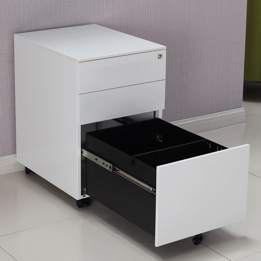 

Locking File Cabinet 3 Drawer Rolling Pedestal Under Desk Fully Assembled Except Casters White Black for Office XH8Z