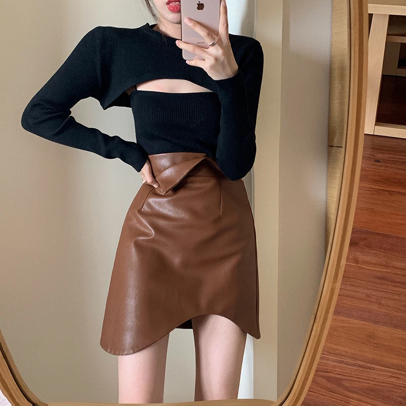 Искусственная кожа Женская мини юбка с завышенной талией карандаш из