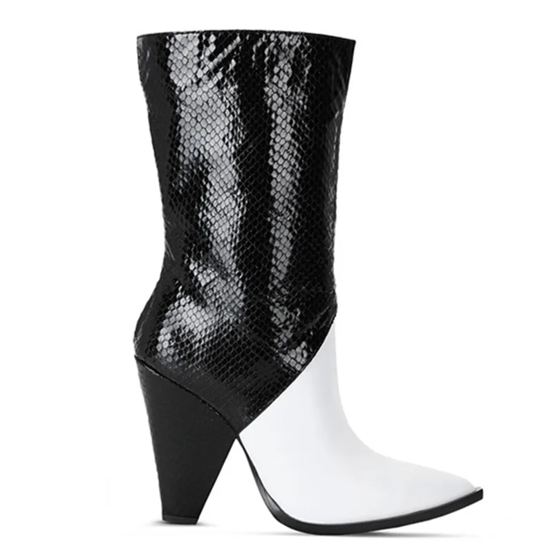 

New Fashion Western Style Kid Sudue Mid-Calf Women Boots Cowhide Patchwork Ladies Shoes Spike-Heels 10.5cm Large Size 34-43