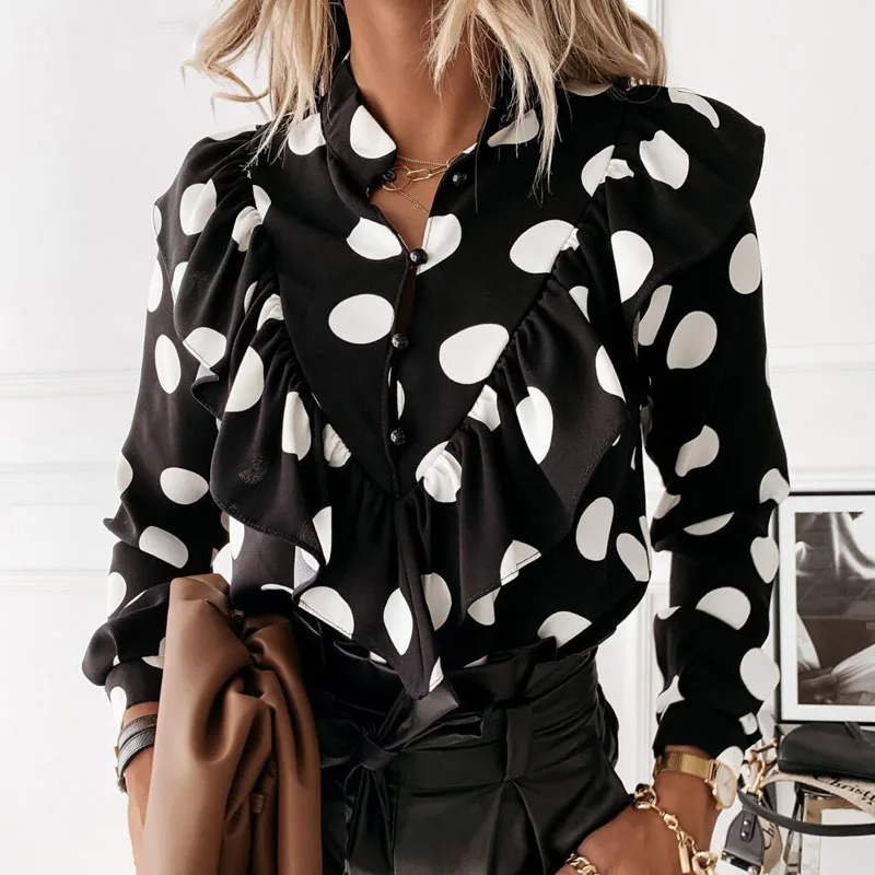 

Elegant Fashion Polka Dot Blouse Women Ruffles 2021 Office Lady Chiffon Shirts Spring Long Sleeve V-neck Blouse Tops Blusa 12253