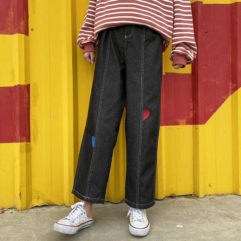 Harajuku Preppy Style Women Jeans Full Length Black Denim Straight Pants For Teenage Girls Ladies Trousers Hit Color |