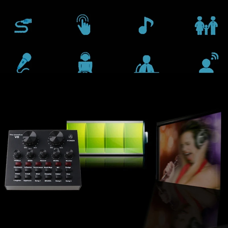 

Black V8 Live Sound Card Voice Changer Multiple Funny Sound Effects for Phone Computer Voice Chatting