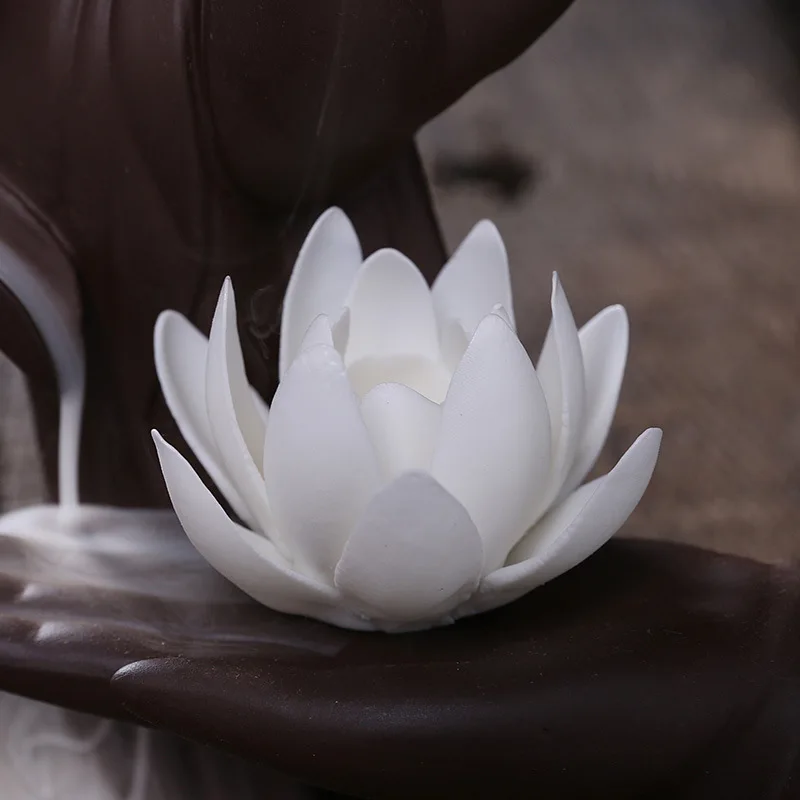 Preise Lila Ton Rückfluss Weihrauch Brenner Lotus Buddha Hand Nahtlose Weiß Porzellan Handgemachte Blume Zen Rückfluss Aromatherapie Herd