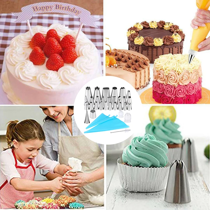 

New 32Pcs/Set Confectionery Bag With Nozzles Icing Piping Tip Stainless Steel Cake Decorating Tool Pastry Cream Spout For Baking