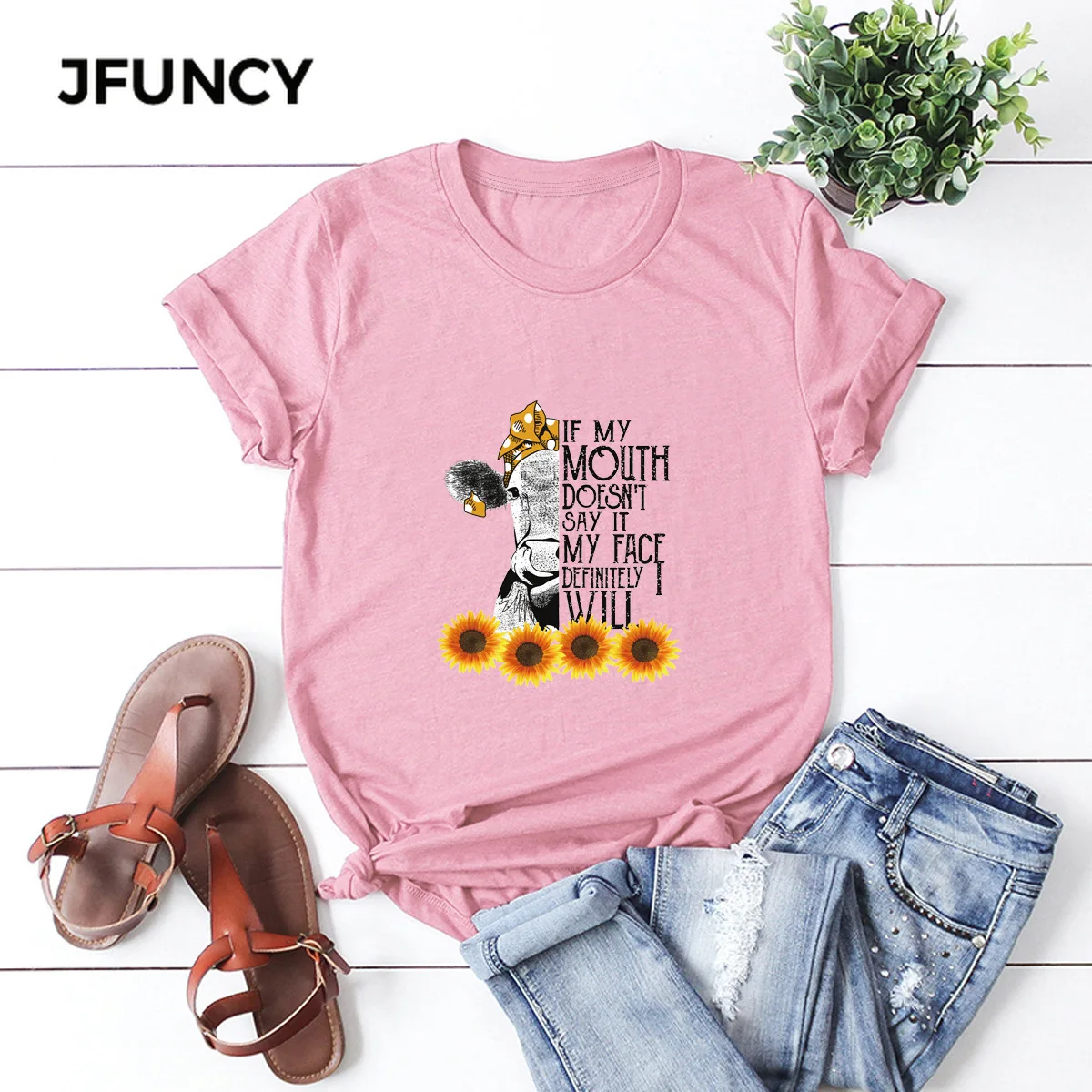 JFUNCY New Print T Shirt Women Summer Shirts 100% Cotton Short Sleeve Woman T-shirt Oversize Casual Female Tees Tops