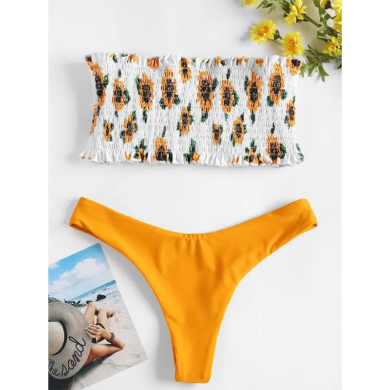 Женский купальный костюм бандо бикини без бретелей с цветочным принтом низкой