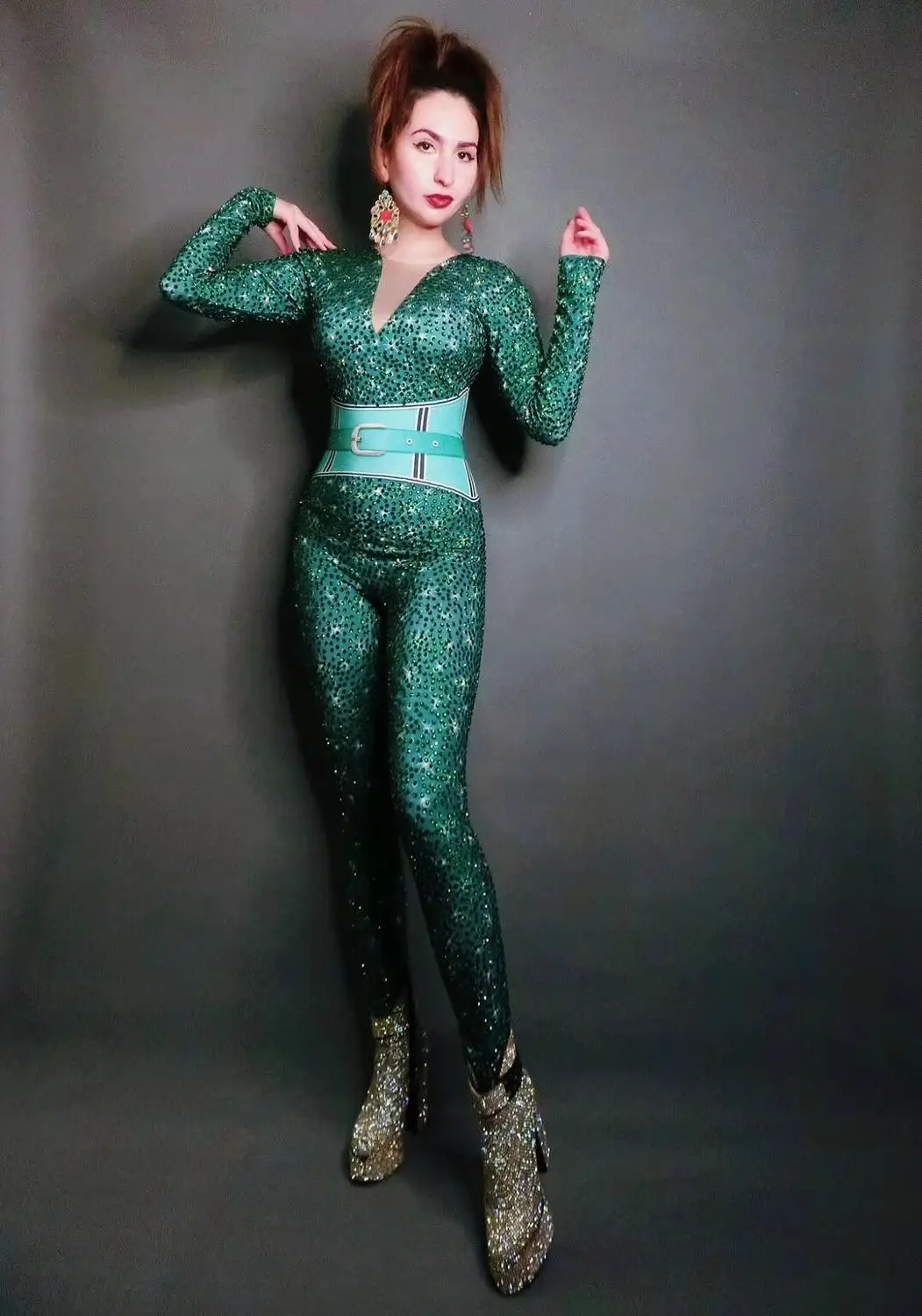 Female Singer Bar Nightclub Concert Costume Green Rhinestones Tight-fitting Jumpsuit Evening Performance Birthday Party | Женская одежда