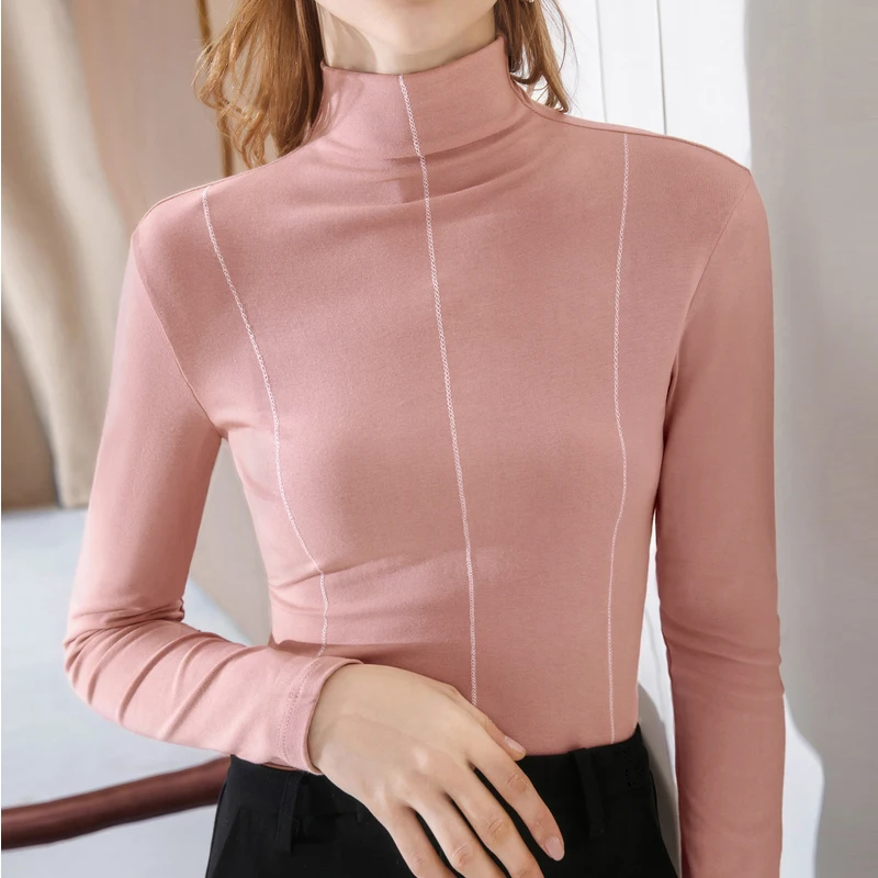 

High-Neck Bottoming Shirt Women's Autumn And Winter New Style Long-Sleeved T-Shirt With Vertical Stripes And Careful Machine Top
