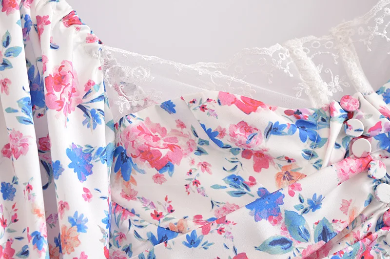 

New European American Lace Stitching Bubble Sleeve Floral Waist Lace-up Dress Korean Gothic Vestidos Evening Dresses