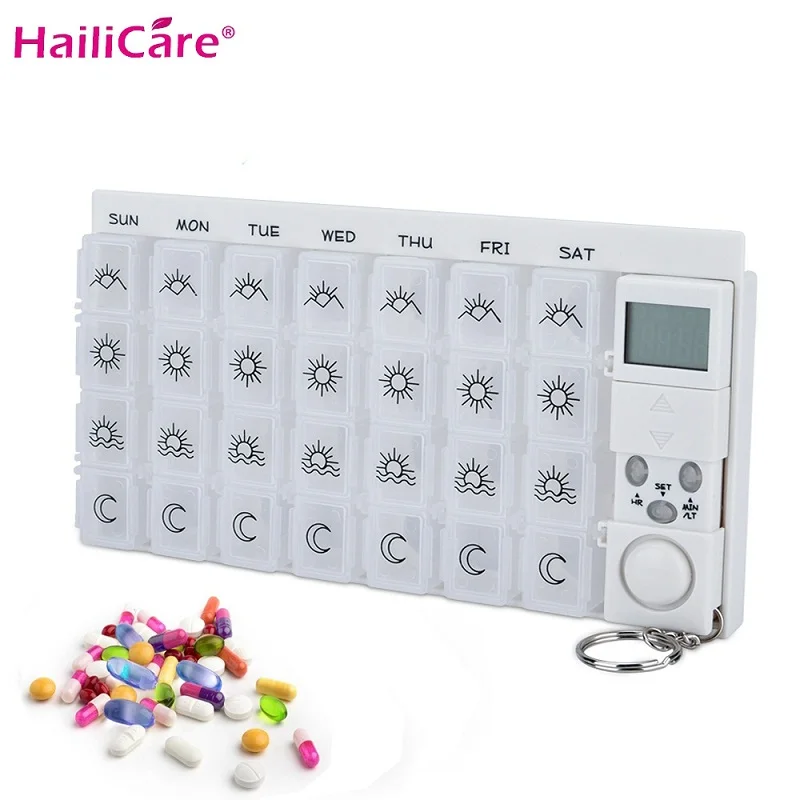 28 сетки еженедельно 7 Дней Pill Box медицина таблетки Дело Организатор LED таймер напоминание s Планшеты хранения таблетки диспенсер сигнализации часы