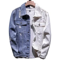 mens fashion denim jacket hip hop slim blue white patchwork cotton jeans coat motorcycle male casual streetwear denim jacket