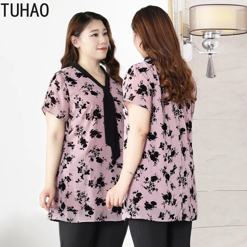 

TUHAO 10XL 9XL 8XL 7XL Plus Size Women's Chiffon Shirt Top Summer Shirt Office Lady Elegant Blouse for Mother Mom WM04