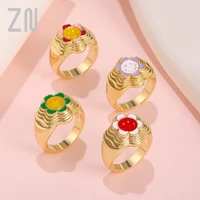 zn 2021 summer hot non tarnish 18k gold plated enamel sunflower smile face ring colorful smile flower ring for women
