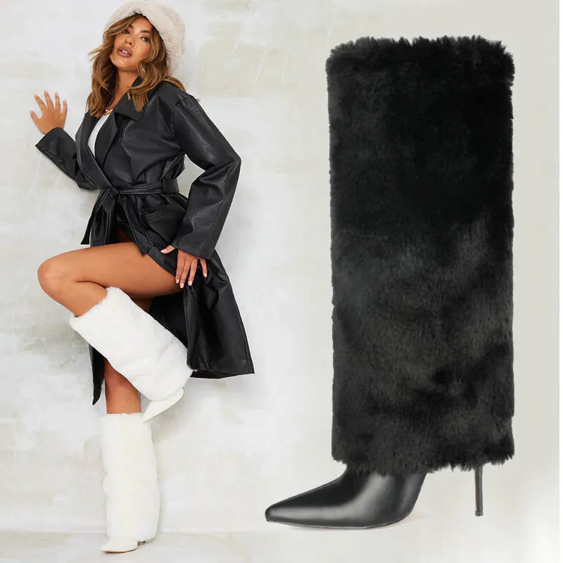 

Sexy Fur Trouser leg Women Knee high Boots 2021 Newest Autumn Winter Thin High heel Pointed Toe Women's Shoes Black White Size43