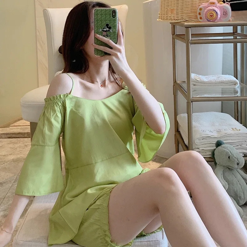 2021 Summer New Women's Pajamas Sets Short Sleeve Cotton Nightgown & Sleepstirts Thin 2Pcs Suit Off Shoulder Home Wear Sleepwear