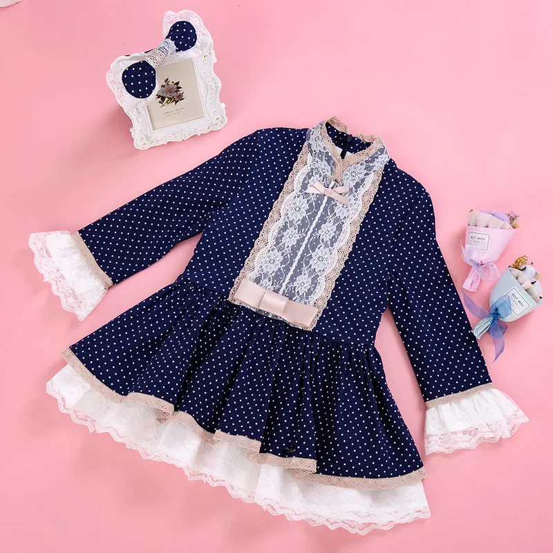 Cutestyles/платье для девочек темно-синие кружевные платья в горошек винтажный бутик