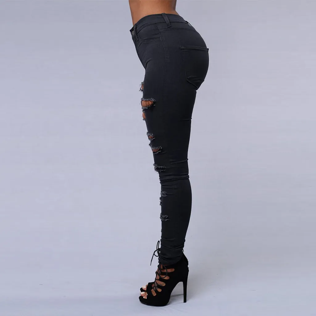 2020 New Ripped Jeans For Women Big Size Trousers Stretch Pencil Pants Leggings Black White#J3 | Женская одежда