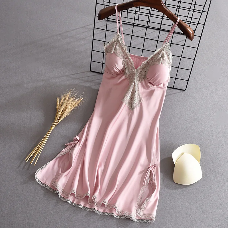 

Navy Blue Women Sexy Lace Nightgown Novelty Spaghetti Sling Sleepwear Intimate Lingerie Satin Home Clothing Casual Nightdress