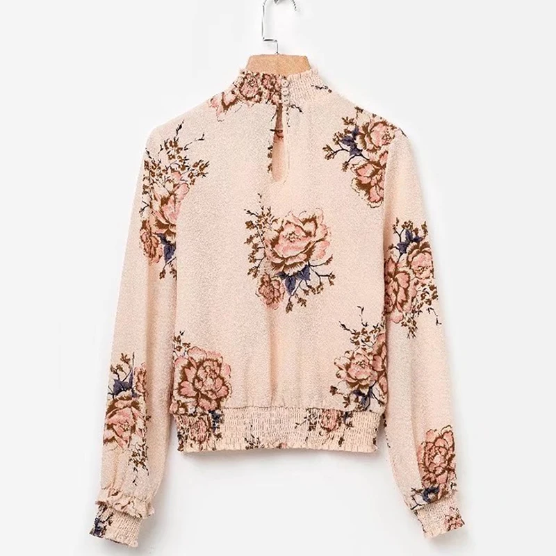 

2020 New Printed Chiffon Blouse For Women Summer Autumn Long Sleeves Turtleneck Ladies Clothes Tender Cream-Coloured Popular