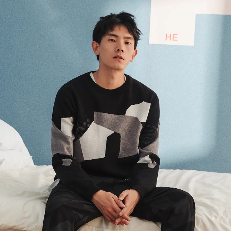 

Hot Sale Autumn Winter New Trend Fashion Men Pullover Korean Street Color Matching Slim Fit Youth Round Neck Knitted Sweater