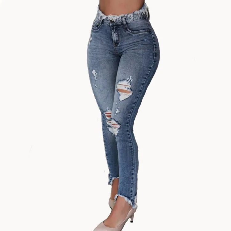 

women summer denim trousers casual fashion high waist slim slimming ripped denim trousers jeans woman high waist free shipping