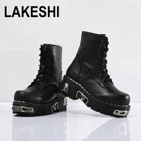 Black Punk Style Platform Men's Ankle Boots Lace Up Zipper Autumn Winter Motorcycle Boots For Man Goth Chunky Shoes Metal Decor