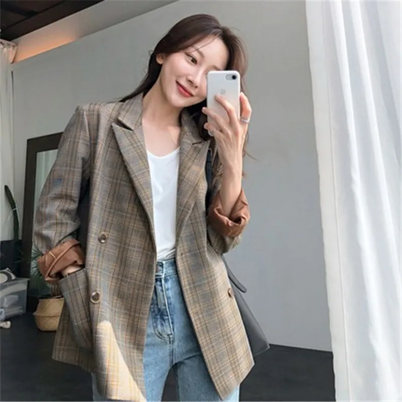 Женский клетчатый пиджак в стиле ретро повседневный свободный с длинным рукавом