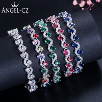 angelcz fashion round blue green red cubic zirconia crystal tennis bracelet for women silver color jewelry party gift ab140